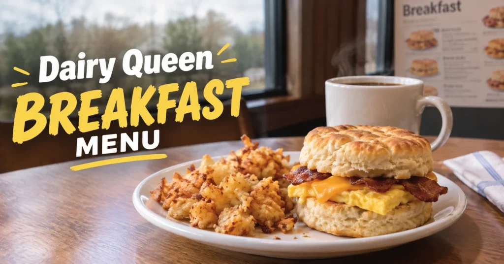 Biscuit sandwich and hash browns from a Dairy Queen breakfast menu order on a diner table