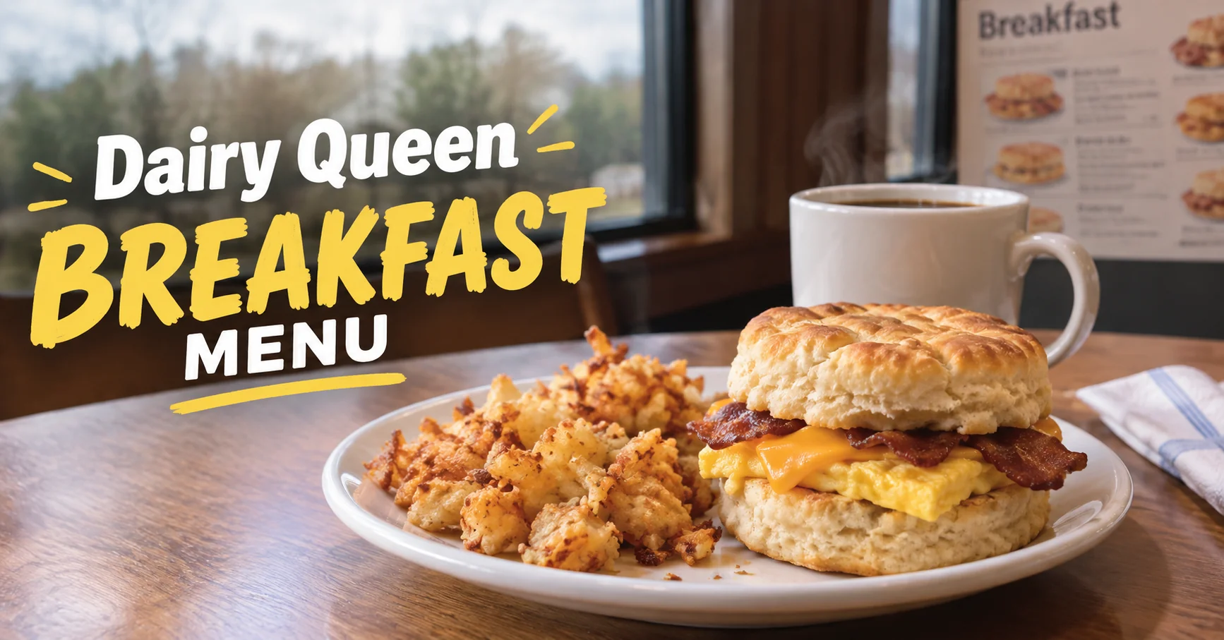 Biscuit sandwich and hash browns from a Dairy Queen breakfast menu order on a diner table