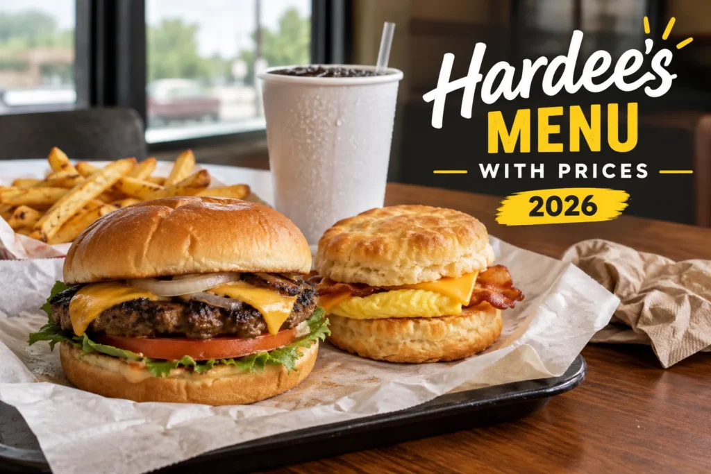 Charbroiled burger and biscuit sandwich from the Hardee's menu on a tray