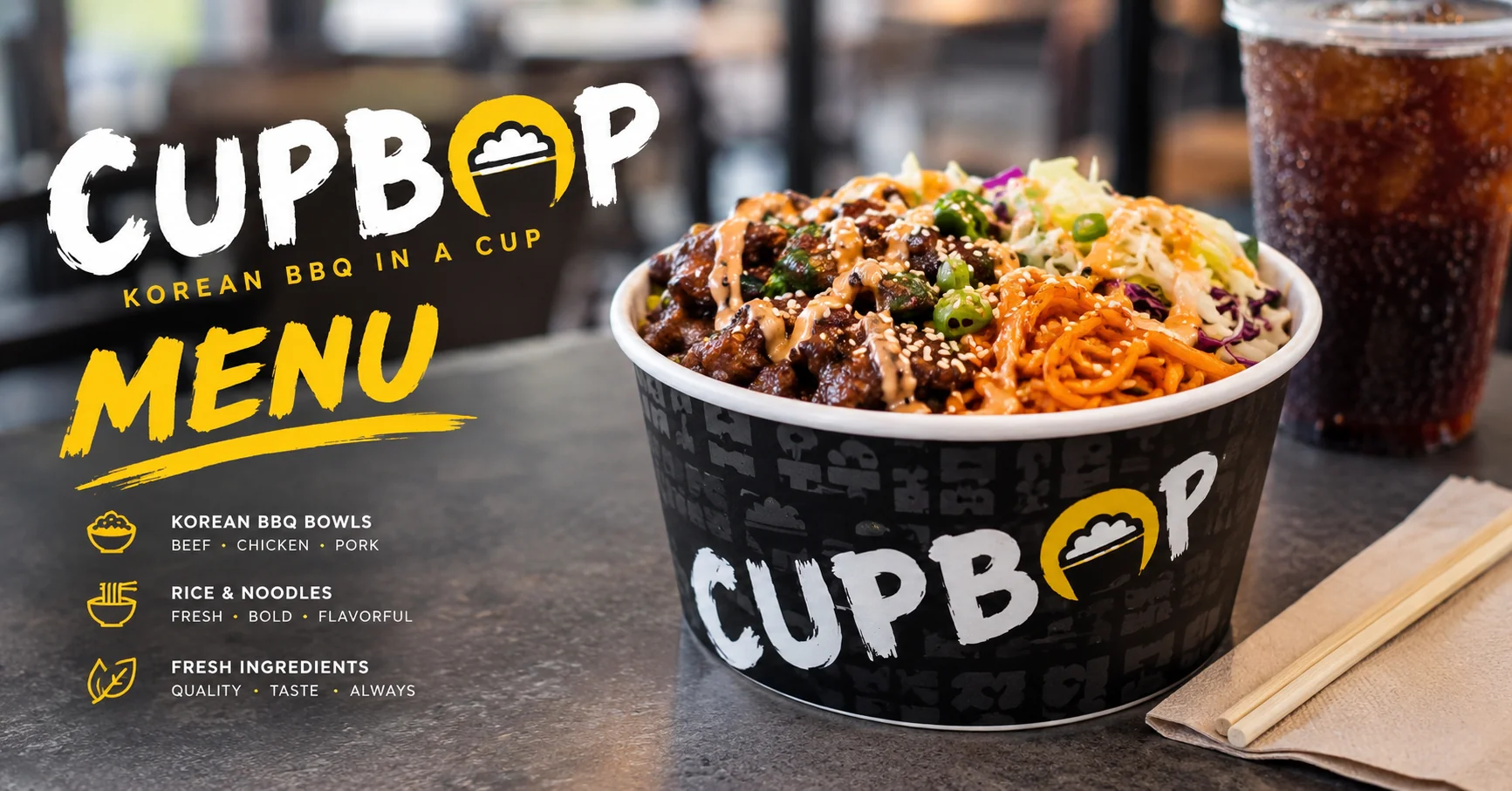 Korean BBQ rice bowl from the Cupbop menu with beef and noodles